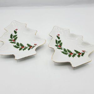 ALL THE TRIMMINGS GOLD TRIM CHRISTMAS TREE SHAPE CANDY DISHES BOWLS SET of 2